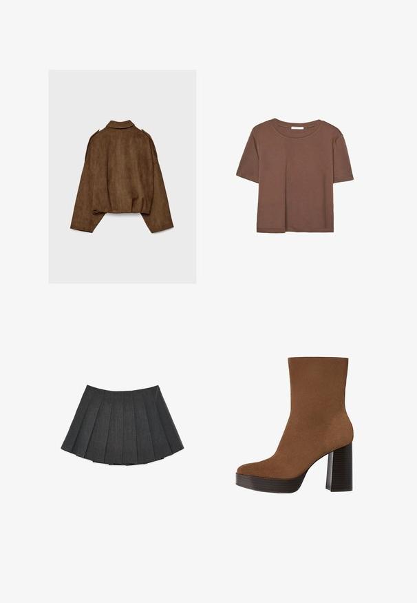 Brun jakke i imiteret ruskind med krave, oversized pasform og sænkede skuldre. Bagsiden har lodrette sømdetaljer og et cropped design.; Brun kortærmet t-shirt lavet af blødt stof, med rund halsudskæring og afslappet pasform. Ingen synlige mønstre eller detaljer.; Plisseret nederdel i mørkegrå, lavet af et tekstureret stof. Har en svungen silhuet med jævnt fordelt plisseringer og et fladt taljebånd.; Brune ruskind ankelstøvle med en rund tå, kraftig sort stribet hæl og en glat overflade. Den har et tætsiddende design uden synligt hardware.