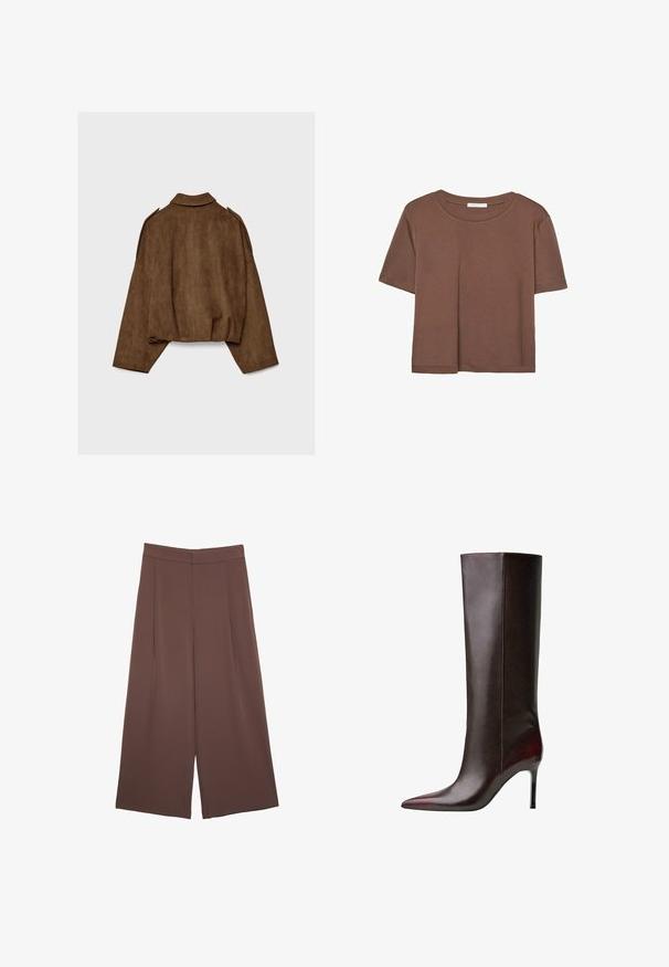 Rjava jakna iz umetnega usnja z ovratnikom, širokim krojem in spuščenimi rameni. Hrbtni del ima navpične šive in krajšano zasnovo.; Rjava kratka majica s kratkimi rokavi iz mehkega materiala, s krožnim izrezom in ohlapnim krojem. Brez vidnih vzorcev ali dodatkov.; Rjave široke hlače z gladko teksturo, ki imajo visok pas in sprednje naborke. Tkanina je lahka in prosto pada.; Rjavi usnjeni škornji do kolen s koničastim nosom, sijoča tekstura in stiletto peto. Šivana obdelava ob strani.