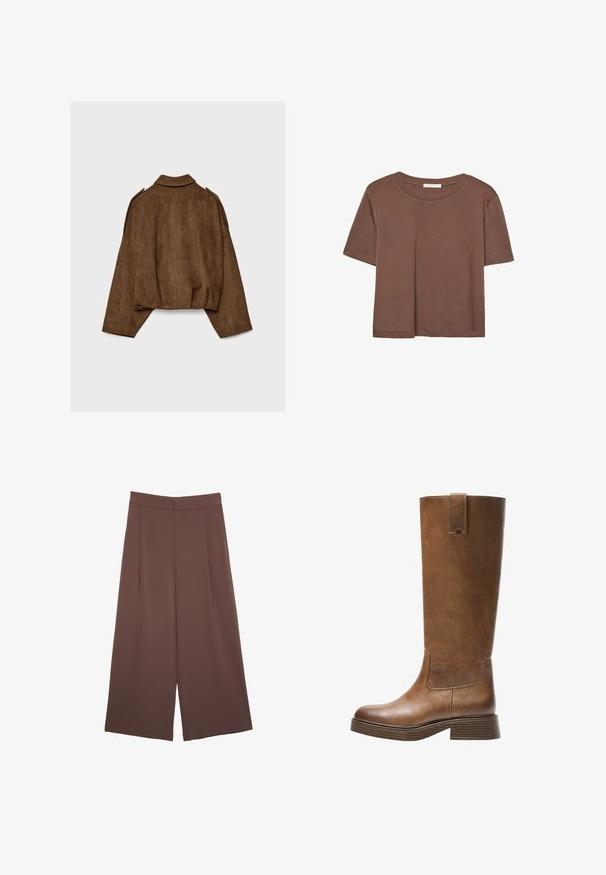 Brązowa kurtka z imitacji zamszu z kołnierzem, luźnym krojem i opuszczonymi ramionami. Tył ozdobiony jest pionowymi przeszyciami i ma krótki krój.; Brązowa koszulka z krótkim rękawem, wykonana z miękkiego materiału, z okrągłym dekoltem i luźnym krojem. Brak widocznych wzorów lub akcentów.; Brązowe spodnie o szerokich nogawkach z gładką fakturą, z wysokim stanem i plisami z przodu. Materiał jest lekki i luźno opada.; Brązowe skórzane wysokie buty do kolan z okrągłym noskiem, teksturowaną powierzchnią i niskim piętrem o warstwowej budowie. Posiadają boczną wstawkę oraz pętelkę na górze.
