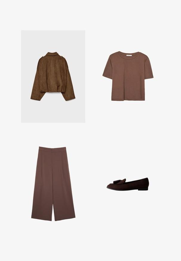 Veste en suédine marron avec col montant, coupe oversize et épaules tombantes. Le dos présente des coutures verticales et un design court.; T-shirt marron à manches courtes en tissu doux, avec un col rond et une coupe décontractée. Aucun motif ni accent visible.; Pantalons larges marron avec une texture lisse, dotés d'une taille haute et de plis à l'avant. Le tissu est léger et tombe de manière fluide.; Mocassin en daim marron avec un bout rond et un gland décoratif sur le dessus. Semelle plate avec un design minimaliste et une texture lisse.
