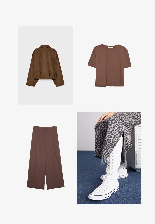 Hnedá bundu z umelého semišu s golierom, nadrozmerným strihom a spustenými ramenami. Zadná časť má vertikálne švy a skrátený dizajn.; Hnedé tričko s krátkym rukávom vyrobené z jemného materiálu, s okrúhlym výstrihom a voľným strihom. Žiadne viditeľné vzory ani akcenty.; Hnedé nohavice so širokými nohavicami a hladkou textúrou, s vysokým pásom a prednými skladmi. Tkanina je ľahká a voľne sa pohybuje.; Biele šnurovacie čižmy s vysokým zvrškom, vyrobené z plátenného materiálu, majú čierne akcenty. Sú skombinované so sivou sukňou s leopardským vzorom, ktorá má bočné rozparky.