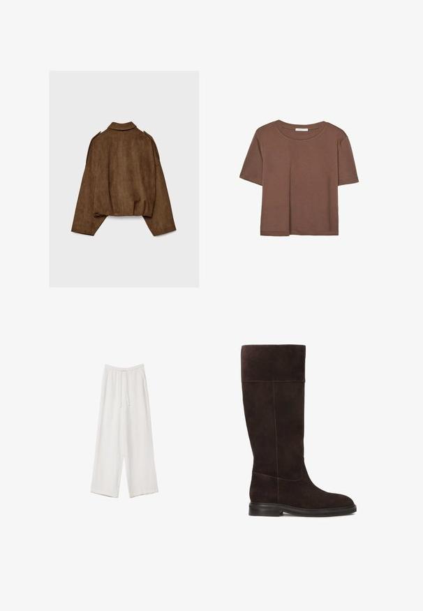 Hnědá bunda z umělé semiše s límcem, volným střihem a sníženými rameny. Na zádech jsou vertikální švy a zkrácený střih.; Hnědé tričko s krátkým rukávem vyrobené z měkké látky, s kulatým výstřihem a volným střihem. Bez viditelných vzorů nebo dekorací.; Bílé široké kalhoty vyrobené z lehké tkaniny. Mají elastický pas se šňůrkou a boční kapsy. Hladká textura.; Hnědé semišové kozačky do výšky kolen s plochou podrážkou, měkkou strukturou a kontrastním prošíváním podél švů. Boční design pro lepší přizpůsobení.