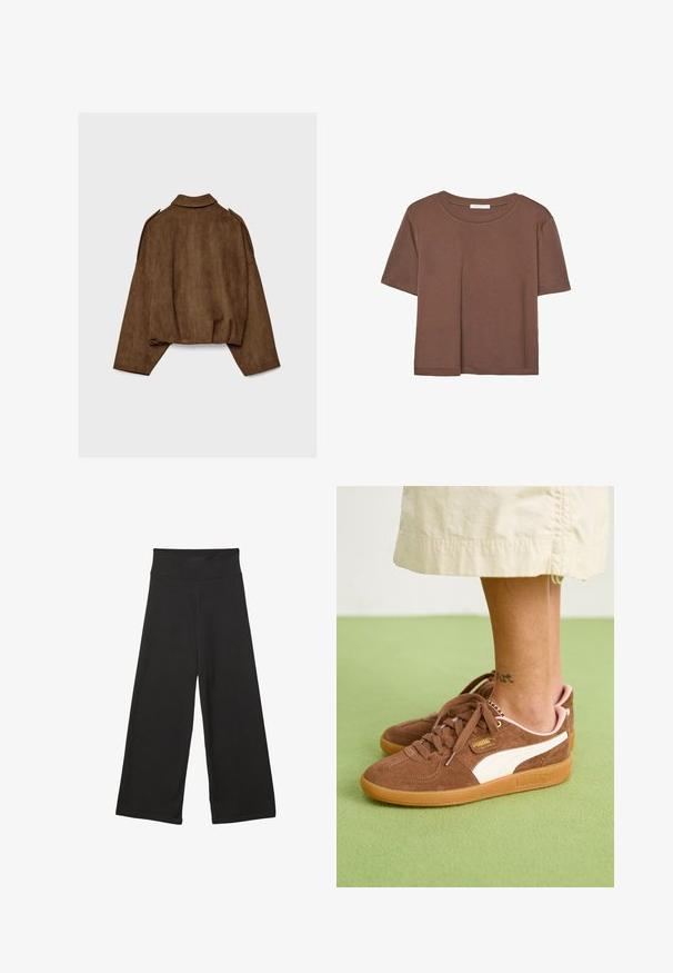 Ruskea tekonahkainen mokkatakki, jossa on kauluksellinen kaula-aukko, ylisuurikokoinen istuvuus ja laskostetut olkapäät. Takana pystysuoria saumadetaljeja ja lyhyt malli.; Kahvinsävyinen lyhythihainen t-paita, joka on valmistettu pehmeästä kankaasta. Pyöreä pääntie ja rento malli. Ei näkyviä kuvioita tai koristeita.; Mustat leveälahkeiset housut, joissa on korkea joustava vyötärö, pehmeä kangas ja väljät mitat, sopivat arkiseen käyttöön tai rentoihin tiloihin.; Ruske nubuk kengät valkoisilla yksityiskohdilla, kumipohjalla ja vaaleanpunaisella kantapäällä. Nauhat ja brändityyli näkyvät. Nilkatatuointi osittain näkyvissä.