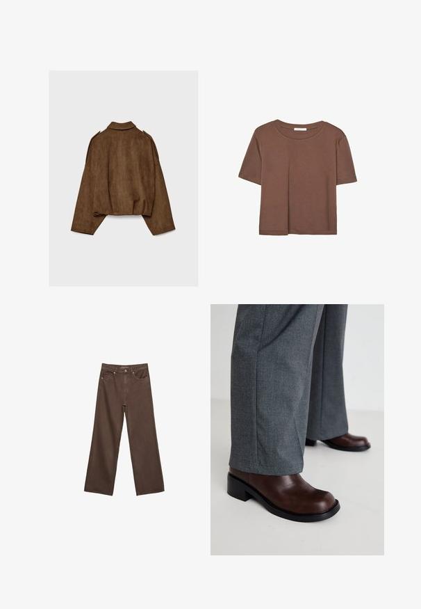Veste en suédine marron avec col montant, coupe oversize et épaules tombantes. Le dos présente des coutures verticales et un design court.; T-shirt marron à manches courtes en tissu doux, avec un col rond et une coupe décontractée. Aucun motif ni accent visible.; Jean brown à jambes larges en denim, doté d'une taille haute, de poches avant et d'une fermeture à bouton classique. Texture lisse avec des coutures subtiles.; RAID TAILORR - Bottes de cowboy / motard - brown