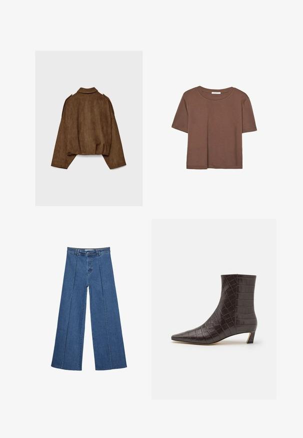 Giacca marrone in finto camoscio con collo a camicia, vestibilità oversize e spalle scese. La parte posteriore presenta cuciture verticali e un design corto.; Maglietta a maniche corte marrone realizzata in tessuto morbido, con scollatura rotonda e vestibilità rilassata. Nessun motivo o dettaglio visibile.; Jeans in denim a gamba larga di blu medio, con vita alta, chiusura con bottone e dettagli delle cuciture verticali a contrasto lungo la parte anteriore.; MICHAEL Michael Kors COSMO KITTEN BOOTIE - Stivaletti - chocolate