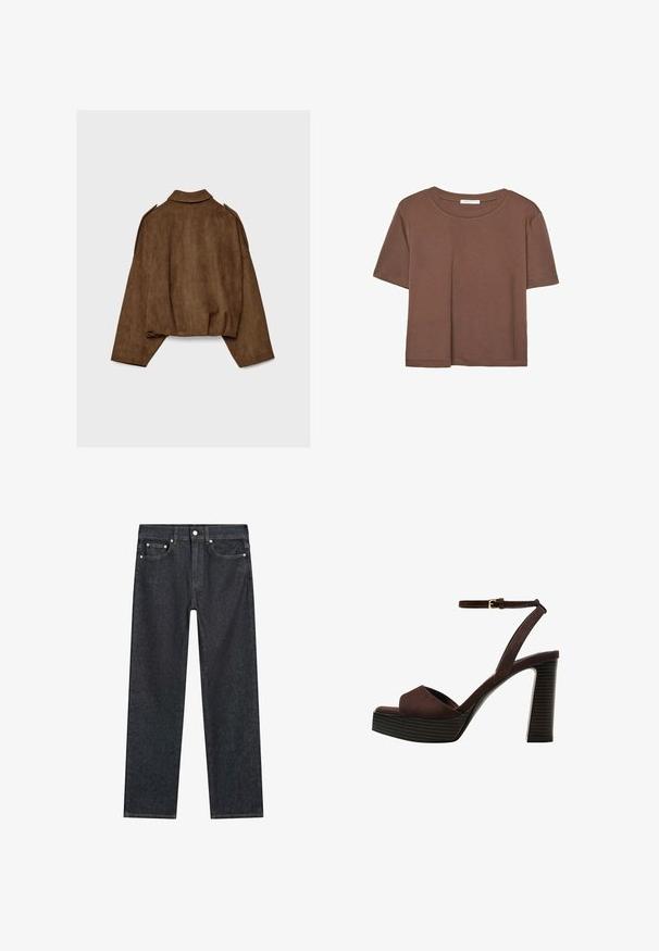 Giacca marrone in finto camoscio con collo a camicia, vestibilità oversize e spalle scese. La parte posteriore presenta cuciture verticali e un design corto.; Maglietta a maniche corte marrone realizzata in tessuto morbido, con scollatura rotonda e vestibilità rilassata. Nessun motivo o dettaglio visibile.; Jeans dritti blu scuro con cinque tasche, rivetti metallici e chiusura a bottone in vita.; Sandal in camoscio marrone con tacco alto, punta aperta, cinturino alla caviglia regolabile e suola a piattaforma striata.