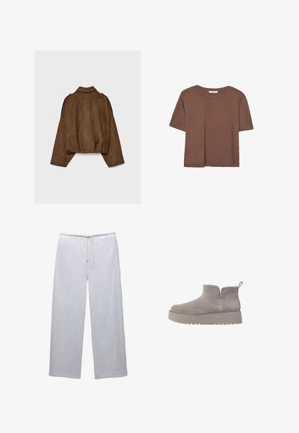 Brun jakke i imiteret ruskind med krave, oversized pasform og sænkede skuldre. Bagsiden har lodrette sømdetaljer og et cropped design.; Brun kortærmet t-shirt lavet af blødt stof, med rund halsudskæring og afslappet pasform. Ingen synlige mønstre eller detaljer.; PULL&BEAR Træningsbukser - grey; Grå ruskind ankelstøvle med lav profil, elastiske sidepaneler og en tekstureret gummisål. Har en løkke til nem påtagning.