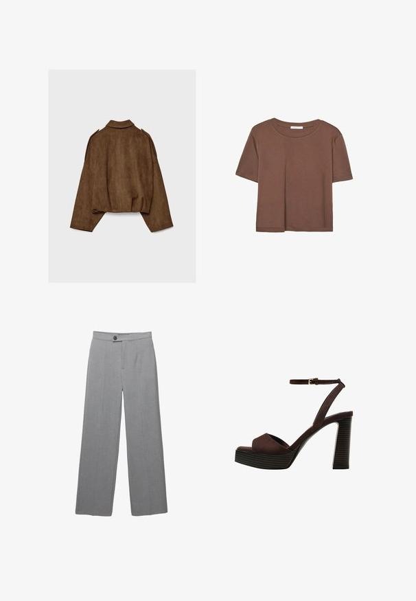 Ruskea tekonahkainen mokkatakki, jossa on kauluksellinen kaula-aukko, ylisuurikokoinen istuvuus ja laskostetut olkapäät. Takana pystysuoria saumadetaljeja ja lyhyt malli.; Kahvinsävyinen lyhythihainen t-paita, joka on valmistettu pehmeästä kankaasta. Pyöreä pääntie ja rento malli. Ei näkyviä kuvioita tai koristeita.; Harmaat räätälöidyt housut, joissa on leveä lahje, litteä etuosa ja hienovarainen rakenne. Varustettu yhdellä nappikiinnityksellä ja siisteillä linjoilla.; Ruske kožne sandale s visokom potpeticom, otvorenim prstima, podesivim kopčanjem oko gležnja i prugastim platformskim đonom.