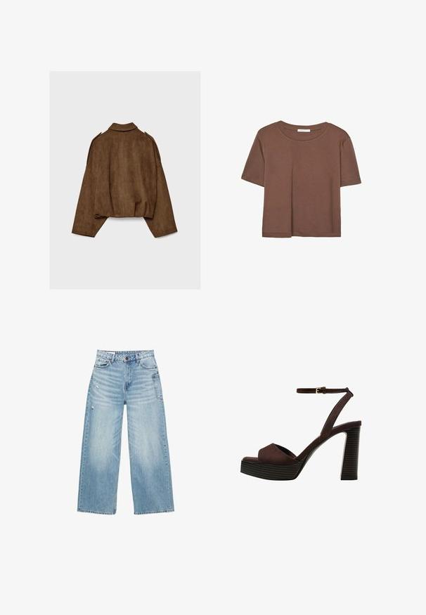 Ruskea tekonahkainen mokkatakki, jossa on kauluksellinen kaula-aukko, ylisuurikokoinen istuvuus ja laskostetut olkapäät. Takana pystysuoria saumadetaljeja ja lyhyt malli.; Kahvinsävyinen lyhythihainen t-paita, joka on valmistettu pehmeästä kankaasta. Pyöreä pääntie ja rento malli. Ei näkyviä kuvioita tai koristeita.; Vaaleansiniset leveät farkut, jotka on valmistettu denimistä. Niissä on korkea vyötärö, viisi taskua ja hienovaraisia kulutettuja yksityiskohtia kankaassa.; Ruske kožne sandale s visokom potpeticom, otvorenim prstima, podesivim kopčanjem oko gležnja i prugastim platformskim đonom.