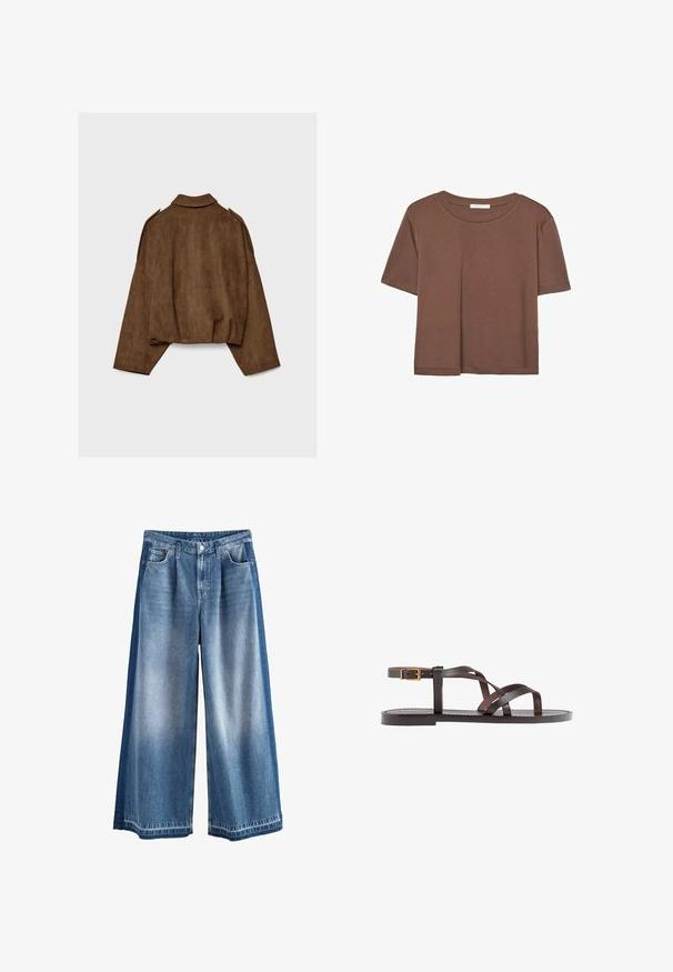 Hnedá bundu z umelého semišu s golierom, nadrozmerným strihom a spustenými ramenami. Zadná časť má vertikálne švy a skrátený dizajn.; Hnedé tričko s krátkym rukávom vyrobené z jemného materiálu, s okrúhlym výstrihom a voľným strihom. Žiadne viditeľné vzory ani akcenty.; Džínsy s širokými nohavicami v svetlom až strednom odtieni modrej, s vyblednutým efektom, klasickými vreckami a zapínaním na gombíky. Pevný bavlnený materiál.; Hnedé kožené sandály s krížovými popruhmi, uzatváraním na pracku okolo členku a plochou podrážkou s minimálnymi ševmi.