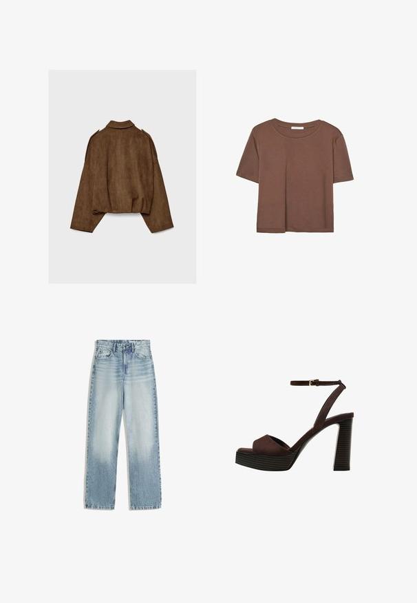 Smeđa jakna od umjetne brušene kože s ovratnikom, prevelikog kroja i spuštenih ramena. Na stražnjoj strani nalazi se vertikalni ukrasni šav i skraćeni dizajn.; Smeđi kratki rukav majica od mekog materijala, s okruglim izrezom i opuštenim krojem. Nema vidljivih uzoraka ili naglasaka.; Svijetloplavi traperice, visokog struka, s ravnim nogavicama. Imaju klasičan stil s pet džepova i suptilno izbjeljivanje sprijeda.; Smeđe zamšaste sandale s visokim potpeticama, otvorenim prstima, podesivom trakicom oko gležnja i prugastom platformom.