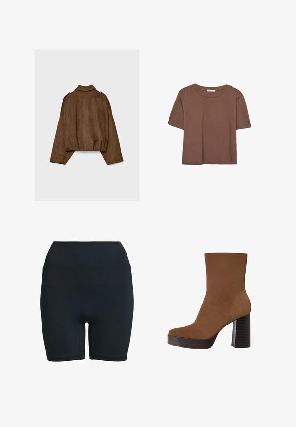 Brązowa kurtka z imitacji zamszu z kołnierzem, luźnym krojem i opuszczonymi ramionami. Tył ozdobiony jest pionowymi przeszyciami i ma krótki krój.; Brązowa koszulka z krótkim rękawem, wykonana z miękkiego materiału, z okrągłym dekoltem i luźnym krojem. Brak widocznych wzorów lub akcentów.; Czarne, wysoko noszone szorty rowerowe wykonane z elastycznego materiału, o gładkiej fakturze i bez widocznych wzorów czy detali metalowych.; Brązowe zamszowe botki sięgające kostki z zaokrąglonym noskiem, masywnym czarnym paskiem na obcasie i gładką powierzchnią. Charakteryzują się dopasowanym krojem bez widocznych elementów metalowych.