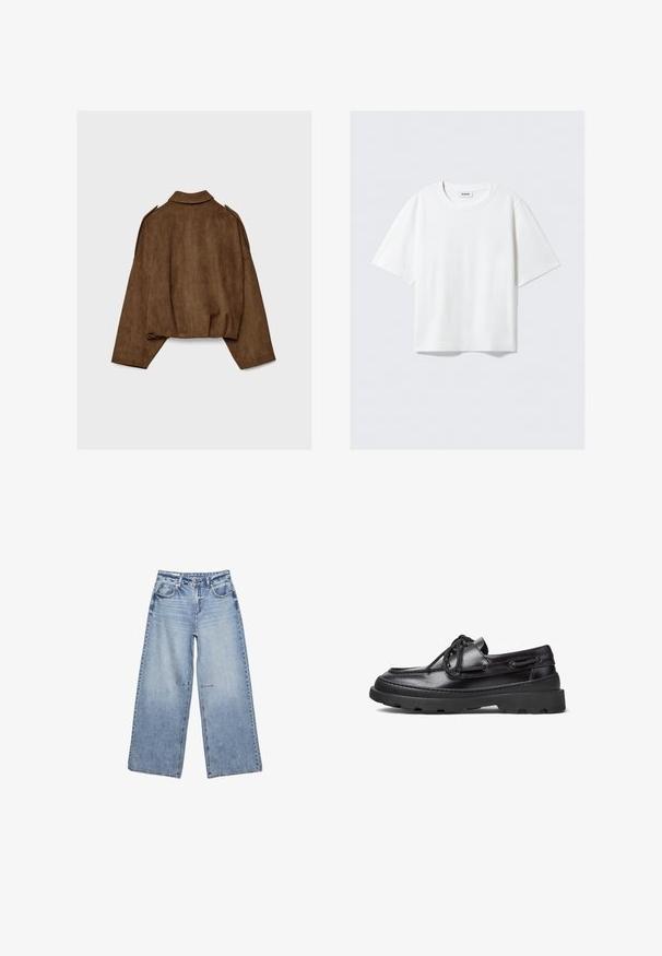 Brązowa kurtka z imitacji zamszu z kołnierzem, luźnym krojem i opuszczonymi ramionami. Tył ozdobiony jest pionowymi przeszyciami i ma krótki krój.; Biała krótka koszulka z miękkiej bawełny, z okrągłym dekoltem i luźnym krojem, z prostym wykończeniem, gładka, bez wzorów i grafik.; Jasnoniebieskie dżinsy z szerokimi nogawkami, wykonane z denimu, z wysokim stanem, pięcioma kieszeniami i subtelnym wyblaknięciem, z surowymi krawędziami.; Czarne skórzane buty żeglarskie z okrągłym noskiem, sznurowanym zapięciem, haftowanymi dodatkami oraz masywną gumową podeszwą z teksturowanym wzorem dla lepszej przyczepności.
