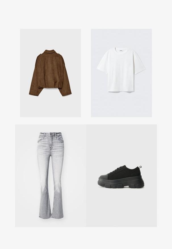 Brun jacka i fuskmocka med krage, oversized passform och nedsänkta axlar. Bakstycket har vertikal sömdetalj och en kortare design.; Vit kortärmad t-shirt i mjuk bomull, med rund halsringning och avslappnad passform med rak fåll, enfärgad utan mönster eller grafik.; Lee BREESE - Tygbyxor - heavy ice; Svarta sneakers med en kraftig gummisula, texturerad tygöverdel, rund tå och snörning. Har förstärkta öglor och dragflik bak.