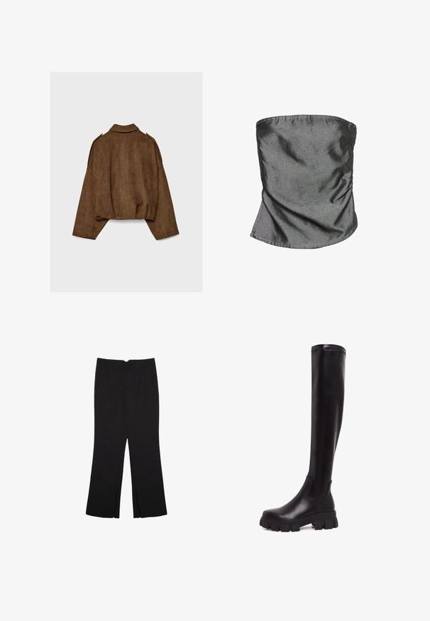 Giacca marrone in finto camoscio con collo a camicia, vestibilità oversize e spalle scese. La parte posteriore presenta cuciture verticali e un design corto.; Scaldino grigio estensibile realizzato in tessuto morbido. Presenta un design senza cuciture con una leggera lucentezza e una forma cilindrica per una maggiore versatilità.; Pantaloni neri a gamba dritta, con tasche frontali e spacchi laterali all'orlo. Realizzati in tessuto morbido e liscio. Adatti a diverse occasioni.; Stivali in pelle nera al ginocchio con finitura liscia, punta arrotondata e suola spessa eTexturata. Presentano un pannello laterale elastico per una vestibilità ottimale.
