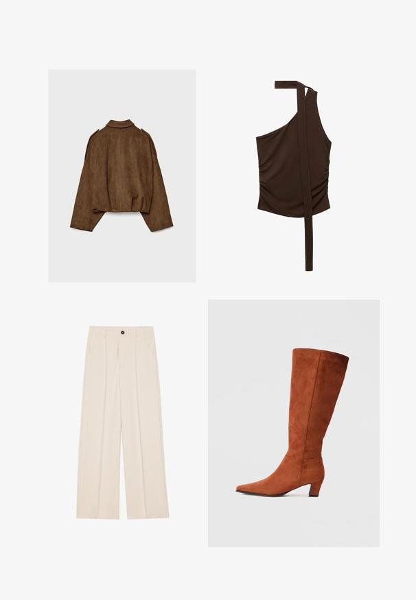 Hnedá bundu z umelého semišu s golierom, nadrozmerným strihom a spustenými ramenami. Zadná časť má vertikálne švy a skrátený dizajn.; Hnedý top na jedno rameno z mäkkého materiálu, s drapériou, bočným riasením a dlhým popruhom, ktorý sa tiahne od ramena.; Svetlé dámske nohavice s vysokým pásom a širokými nohavicami, vyrobené z krémovej látky, s dvoma bočnými vreckami, jedným predným gombíkom a prednými skladmi pre väčší detail.; Hnedé semišové vysoké čižmy po kolená s špicatou špičkou a malým blokovým podpätkom, s hladkou textúrou a minimalistickým dizajnom.