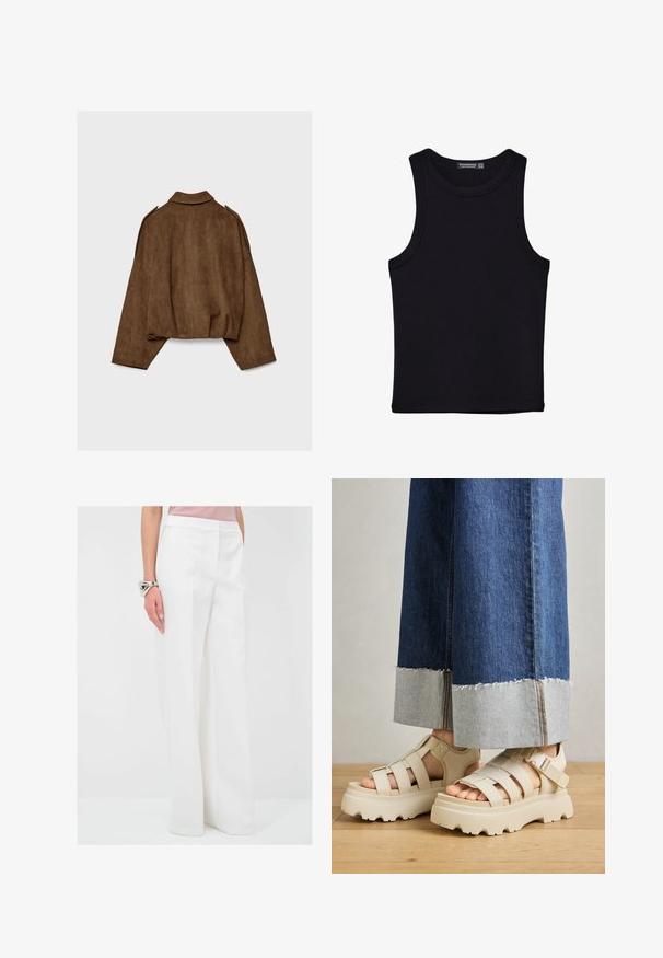 Braune Jacke aus Kunstwildleder mit Kragen, übergroßem Schnitt und abgefallenen Schultern. Der Rücken zeigt vertikale Nahtdetails und ein kurzes Design.; Schwarzes Tanktop aus Baumwolle mit rundem Halsausschnitt und weiten Armöffnungen. Glatte Textur mit genähten Säumen. Klassisches, minimalistisches Design.; adL Stoffhose - beige; Beige Plattform-Sandalen mit dicken Sohlen verfügen über ein Riemchen-Design und verstellbare Knöchelriemen. Getragen zu weit geschnittenen Denim-Hosen, ist ein Saum ausgefranst.