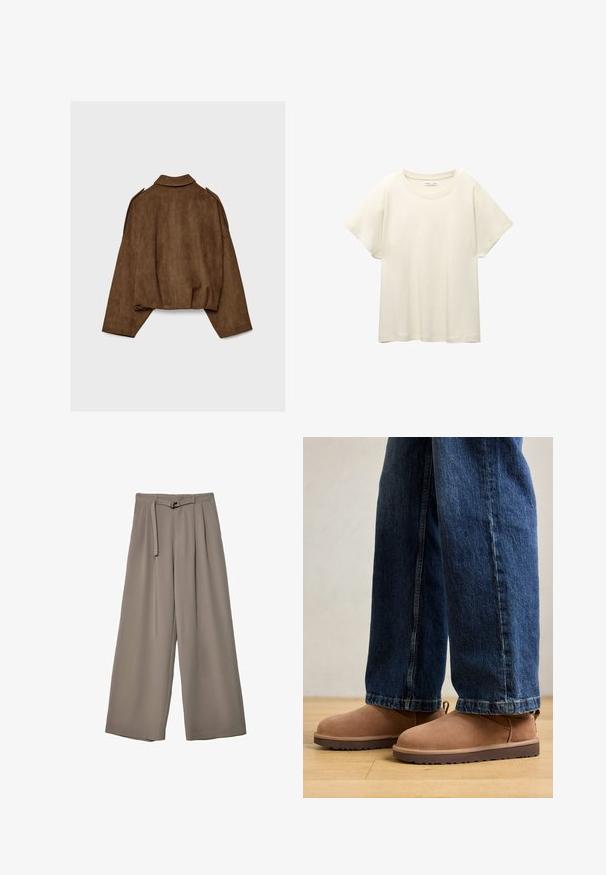 Ruskea tekonahkainen mokkatakki, jossa on kauluksellinen kaula-aukko, ylisuurikokoinen istuvuus ja laskostetut olkapäät. Takana pystysuoria saumadetaljeja ja lyhyt malli.; Vaaleanbeige lyhythihainen t-paita, jossa on pyöreä kaula-aukko, valmistettu pehmeästä ja sileästä kankaasta. Ominaisuuksina rento mitta ja suora helma.; Suurille lahkeille housuille pehmeässä, hillityssä harmaassa kankaassa, jossa on vyötäröllä vyö ja lisää muotoilun yksityiskohtia kuploissa. Sileä rakenne, ei kuvioita.; Ruskeanan mokkanahkasaappaat, joissa on tasapohja, pyöreä kärki ja pieni vetonauha, yhdistettyinä sinisiin denim-farkkuihin, joissa on suoralinjainen leikkaus.