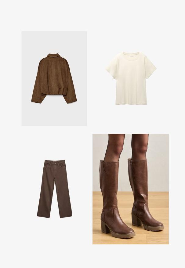 Bruine jas van imitatie suède met een kraag, een oversized pasvorm en doorgezakte schouders. De achterkant heeft verticale naaddetails en een cropped ontwerp.; Lichtbeige t-shirt met korte mouwen en een ronde halslijn, gemaakt van zachte, gladde stof. Heeft een ontspannen pasvorm en een rechte zoom.; Brede bruine spijkerbroek van denim, met een hoge taille, voorzakken en een klassieke knoopsluiting. Soepele textuur met subtiele stiksels.; Anna Field Plateaulaarzen - cognac