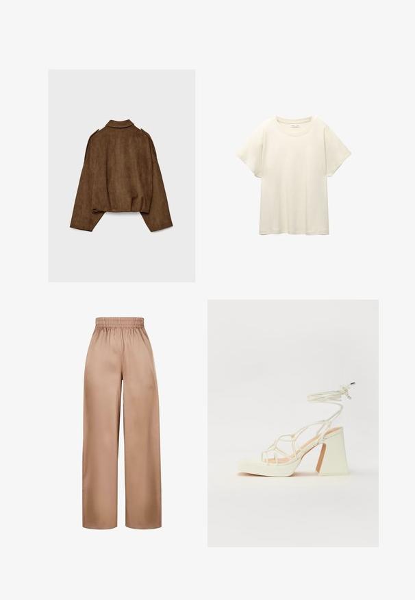 Braune Jacke aus Kunstwildleder mit Kragen, übergroßem Schnitt und abgefallenen Schultern. Der Rücken zeigt vertikale Nahtdetails und ein kurzes Design.; Helles beige T-Shirt mit kurzen Ärmeln und Rundhalsausschnitt, aus weichem, glattem Stoff gefertigt. Verfügt über eine lockere Passform und einen geraden Saum.; Weit geschnittene, hellbraune Hosen aus glattem Stoff mit einem elastischen Bund. Sie verfügen über ein einfaches Design ohne zusätzliche Verzierungen.; Weiße High-Heel-Sandale mit einem klobigen Absatz, die über ein Riemchendesign und ein Knöchelband verfügt. Glatte Textur mit einer Plattform vorne für zusätzliche Höhe.