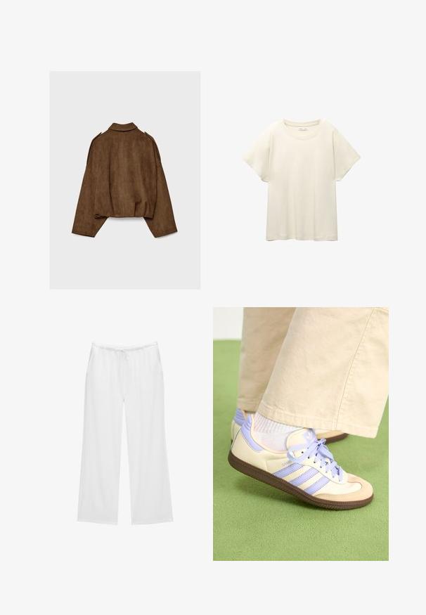 Brown faux suede jacket with a collared neck, oversized fit, and dropped shoulders. The back features vertical seam detailing and a cropped design.; Light beige short-sleeve t-shirt with a round neckline, made of soft, smooth fabric. Features a relaxed fit and straight hemline.; White wide-leg pants made from soft fabric, featuring an elastic waistband with a drawstring and two side pockets. Simple and clean design.; Cream and lavender sneakers with three stripes and a textured brown sole, featuring laces and a padded heel. Soft fabric upper.