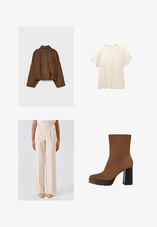 Brązowa kurtka z imitacji zamszu z kołnierzem, luźnym krojem i opuszczonymi ramionami. Tył ozdobiony jest pionowymi przeszyciami i ma krótki krój.; Jasno beżowa, krótko rękawowa koszulka z okrągłym dekoltem, wykonana z miękkiego, gładkiego materiału. Posiada luźny krój i prosty dół.; Beżowe, wysokie spodnie o prostym kroju, z wyraźnymi plisami i gładką fakturą. W połączeniu z cielistymi szpilkami o spiczastym nosku.; Brązowe zamszowe botki sięgające kostki z zaokrąglonym noskiem, masywnym czarnym paskiem na obcasie i gładką powierzchnią. Charakteryzują się dopasowanym krojem bez widocznych elementów metalowych.