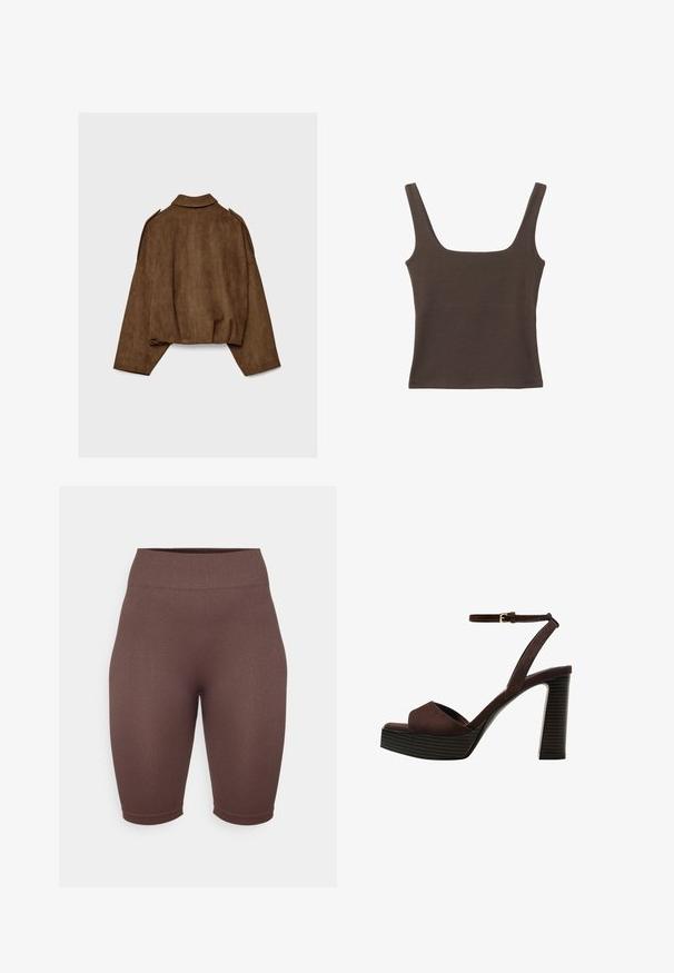Giacca marrone in finto camoscio con collo a camicia, vestibilità oversize e spalle scese. La parte posteriore presenta cuciture verticali e un design corto.; Top senza maniche marrone con scollo quadrato, realizzato in tessuto morbido ed elastico. Presenta un design aderente e cuciture piatte.; Bermuda bike corte marroni con vita alta, realizzati in materiale elastico, presentano una superficie liscia e una forma aderente.; Sandal in camoscio marrone con tacco alto, punta aperta, cinturino alla caviglia regolabile e suola a piattaforma striata.