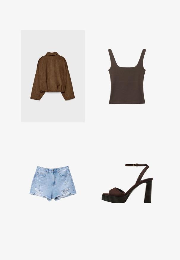 Rjava jakna iz umetnega usnja z ovratnikom, širokim krojem in spuščenimi rameni. Hrbtni del ima navpične šive in krajšano zasnovo.; Rjava brezrokavna majica s kvadratnim izrezom, narejena iz mehkega, elastičnega materiala. Ima oprijet kroj in ravne šive.; Svijetloplave traper kratke hlače s rasparanim rubovima i izlizanim detaljima, s prednjim džepovima i kopčanjem na dugme.; Rjave semiš sandale z visoko peto, odprto spredaj, z nastavljivim gležnjenjem in črtastim podplatom.