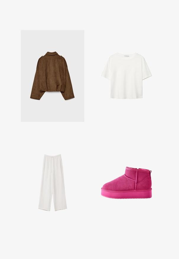 Bruine jas van imitatie suède met een kraag, een oversized pasvorm en doorgezakte schouders. De achterkant heeft verticale naaddetails en een cropped ontwerp.; Witte korte mouwen t-shirt van katoen. Heeft een ronde halslijn en een ontspannen pasvorm. Glad textuur zonder zichtbare patronen of accenten.; Witte wijde broek gemaakt van een lichte stof. Voorzien van een elastische tailleband met een trekkoord en zijzakken. Zachte textuur.; Next Snowboots - pink