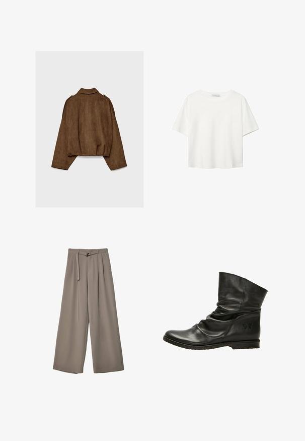 Giacca marrone in finto camoscio con collo a camicia, vestibilità oversize e spalle scese. La parte posteriore presenta cuciture verticali e un design corto.; T-shirt bianco a maniche corte realizzato in cotone. Presenta un collo tondo e una vestibilità rilassata. Texture liscia senza motivi o dettagli visibili.; Pantaloni a gamba larga in un morbido tessuto grigio tenue, con vita con cintura e pieghe per un tocco di design aggiuntivo. Texture liscia, senza motivi.; Stivale alla caviglia in pelle nera con design svasato, punta arrotondata e suola piatta. Presenta un delicato logo a farfalla sul lato. Texture liscia.