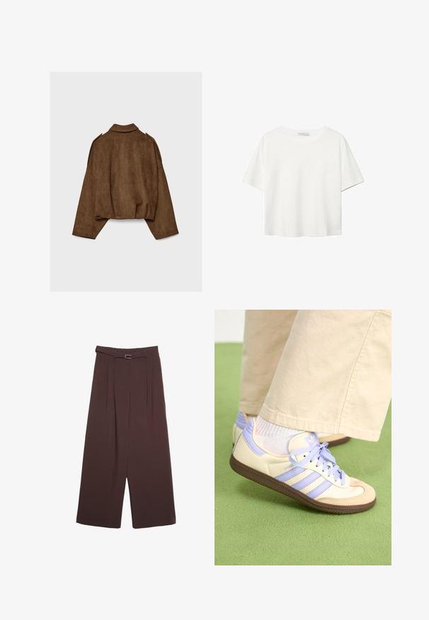 Braune Jacke aus Kunstwildleder mit Kragen, übergroßem Schnitt und abgefallenen Schultern. Der Rücken zeigt vertikale Nahtdetails und ein kurzes Design.; Weißes T-Shirt mit kurzen Ärmeln aus Baumwolle. Hat einen Rundhalsausschnitt und eine lockere Passform. Glatte Textur ohne sichtbare Muster oder Akzente.; Stradivarius WIDE-LEG WITH BUCKLE DETAIL - Stoffhose - dark brown; Cremefarbene und lavendelfarbene Sneakers mit drei Streifen und einer strukturierten braunen Sohle, ausgestattet mit Schnürsenkeln und einer gepolsterten Ferse. Obermaterial aus weichem Stoff.