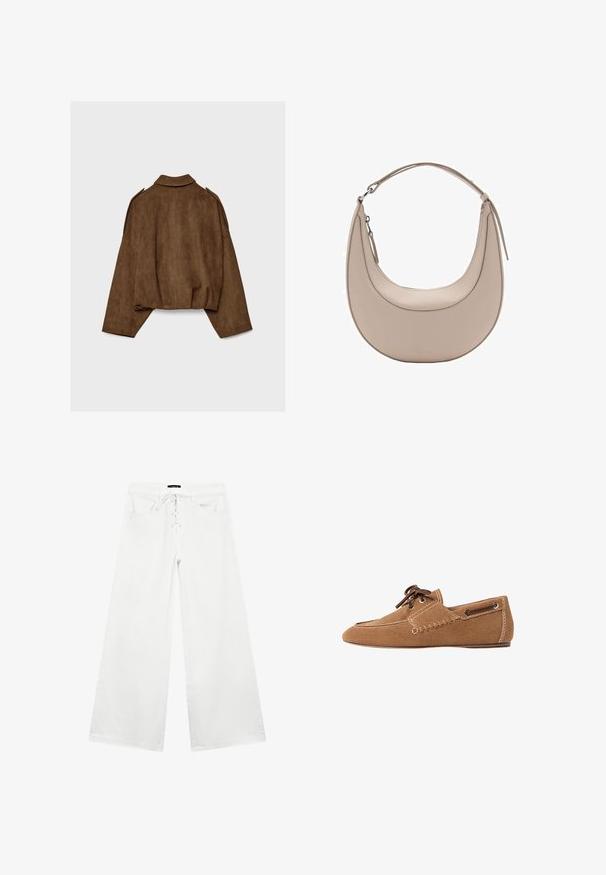 Hnědá bunda z umělé semiše s límcem, volným střihem a sníženými rameny. Na zádech jsou vertikální švy a zkrácený střih.; Bílý krátký rukáv tričko vyrobené z bavlny. Má kulatý výstřih a volný střih. Hladký materiál bez viditelných vzorů nebo akcentů.; Bílé široké džíny vyrobené z denimu, s lace-up přední částí, dvěma předními kapsami a plochým pasem. Hladká textura a ležérní design.; Hnědé semišové boty s kulatou špičkou, se šitím podél stran a hnědými tkaničkami. Mají kovové okénka a plochou podrážku.; Světle béžová kožená kabelka přes rameno s půlměsíčovým tvarem, hladkým povrchem a jedním zakřiveným uchopem. Obsahuje zipový uzávěr a upravené švy.