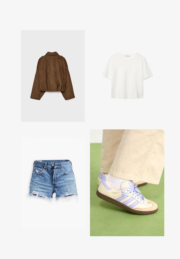 Brązowa kurtka z imitacji zamszu z kołnierzem, luźnym krojem i opuszczonymi ramionami. Tył ozdobiony jest pionowymi przeszyciami i ma krótki krój.; Biała koszulka z krótkim rękawem, wykonana z bawełny. Posiada okrągły dekolt i luźny krój. Gładka faktura bez widocznych wzorów czy akcentów.; Jasnoniebieskie szorty dżinsowe z postrzępionymi brzegami, wysoki stan, zapięcie na guziki oraz dwie przednie kieszenie; przetarcia dodają tekstury.; Kremowe i lawendowe trampki z trzema paskami oraz teksturowaną brązową podeszwą, wyposażone w sznurówki i wyścieloną piętę. Górna część z miękkiego materiału.