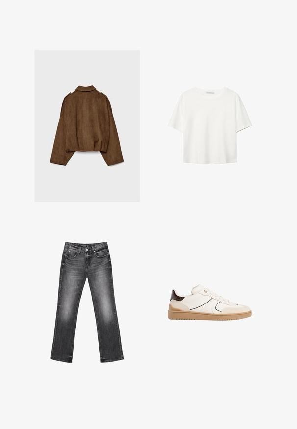 Hnedá bundu z umelého semišu s golierom, nadrozmerným strihom a spustenými ramenami. Zadná časť má vertikálne švy a skrátený dizajn.; Biela krátkopsová tričko vyrobené z bavlny. Má okrúhly výstrih a voľný strih. Hladká textúra bez viditeľných vzorov alebo akcentov.; Čierne denimové nohavice s rovnou nohavicou, vybledlou textúrou a piatimi vreckami. Obsahujú pútka na opasok a zips.; Stradivarius Tenisky - white