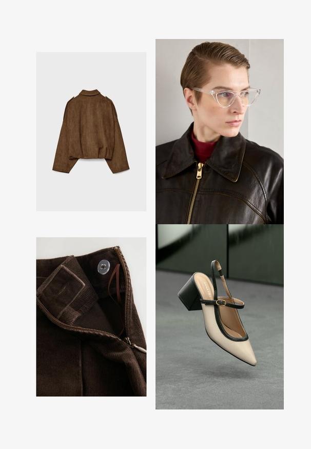 Bruine jas van imitatie suède met een kraag, een oversized pasvorm en doorgezakte schouders. De achterkant heeft verticale naaddetails en een cropped ontwerp.; Bruine katoenen t-shirt met korte mouwen en een diepe V-hals. Eenvoudig ontwerp, zachte textuur en rechte zoom. Geen patronen of accenten.; Bruine corduroy stof met een gladde textuur, voorzien van een rits, knoopsluiting en een interne sluiting voor een veilige bevestiging.; Beige puntige slingback schoen met zwarte rand, gouden gesp en een chunky blokhak op een grijze vloer met een donker groene achtergrond.; Heldere acetaat kattenoorbril met gele getinte lenzen, gedragen door een persoon in een donkere leren jas en een rode coltrui. Gladde textuur.; Zachte, gebreide crèmekleurige sjaal, losjes gevouwen aan de bovenkant met beide uiteinden recht naar beneden hangend.