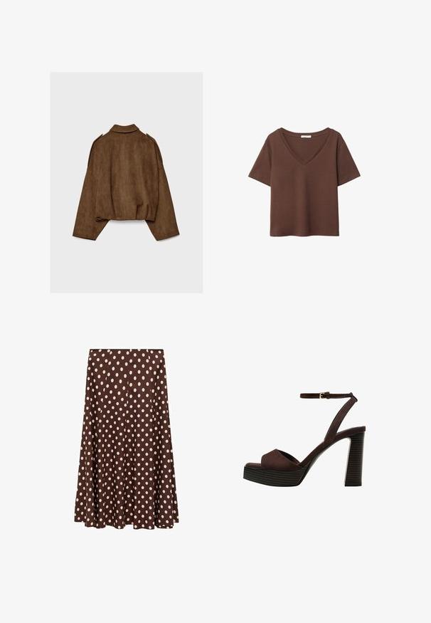 Braune Jacke aus Kunstwildleder mit Kragen, übergroßem Schnitt und abgefallenen Schultern. Der Rücken zeigt vertikale Nahtdetails und ein kurzes Design.; Braunes Baumwoll-T-Shirt mit kurzen Ärmeln und tiefem V-Ausschnitt. Einfaches Design, weiche Textur und gerade Saumlinie. Keine Muster oder Akzente.; Mango ROMEO - A-Linien-Rock - brown; Braune Wildleder-Pumps mit offenem Zeh, verstellbarem Knöchelriemen und gestreiftem Plateausohlen.