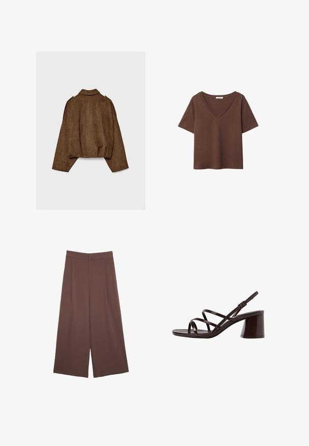 Smeđa jakna od umjetne brušene kože s ovratnikom, prevelikog kroja i spuštenih ramena. Na stražnjoj strani nalazi se vertikalni ukrasni šav i skraćeni dizajn.; Smeđa pamučna majica kratkih rukava s dubokim V-izrezom. Jednostavan dizajn, mekana tekstura i ravni rub. Bez uzoraka ili naglasaka.; Smeđe hlače širokog kroja s glatkom teksturom, koje imaju visok struk i nabore sprijeda. Tkanina je lagana i slobodno se kreće.; Smeđe sandale s petom s sjajnom završnom obradom, koje imaju više tankih trakica i čvrst blok petu za stabilnost.