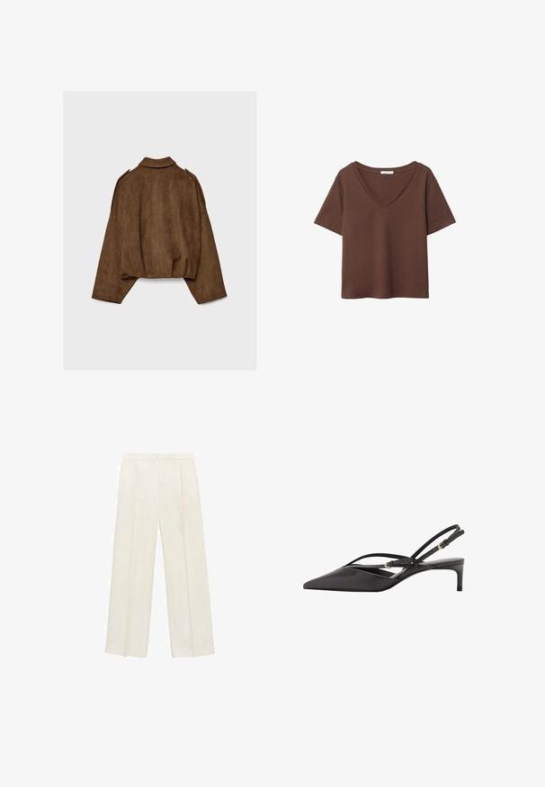 Braune Jacke aus Kunstwildleder mit Kragen, übergroßem Schnitt und abgefallenen Schultern. Der Rücken zeigt vertikale Nahtdetails und ein kurzes Design.; Braunes Baumwoll-T-Shirt mit kurzen Ärmeln und tiefem V-Ausschnitt. Einfaches Design, weiche Textur und gerade Saumlinie. Keine Muster oder Akzente.; Weit geschnittene Hosen in einem hellen cremefarbenen Farbton. Hergestellt aus einem glatten Stoff mit Falten an der Vorderseite und seitlichen Taschen.; Schwarze Leder Slingback-Pumpe mit spitzem Zeh, schmalen Knöchelriemen und niedrigem Stiletto-Absatz. Glatte Textur mit minimalistischem Design.