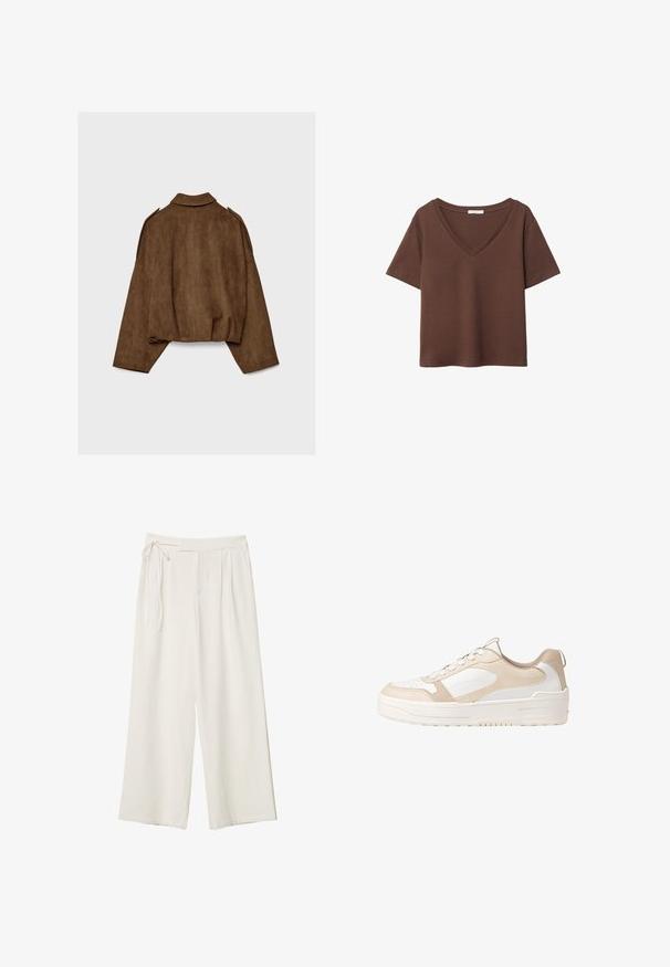 Brun jacka i fuskmocka med krage, oversized passform och nedsänkta axlar. Bakstycket har vertikal sömdetalj och en kortare design.; Brun bomulls t-shirt med korta ärmar och djup V-ringning. Enkel design, mjuk textur och rak fåll. Inga mönster eller dekorationer.; Vidbenade byxor i off-white tyg med en mjuk textur. Har en knytt midja och plisserad framdel, designade för en avslappnad passform.; Beige och vit sneaker med övre del av slät läder, perforerad tå, snörningsdesign, texturerade detaljer och en kraftig gummisula.