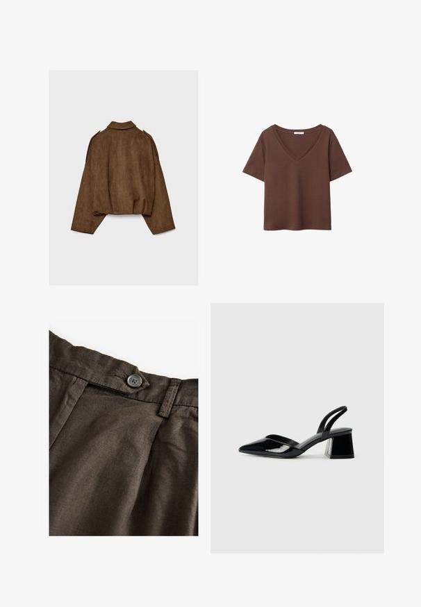 Brown faux suede jacket with a collared neck, oversized fit, and dropped shoulders. The back features vertical seam detailing and a cropped design.; Brown cotton t-shirt with short sleeves and a deep V-neck. Simple design, soft texture, and straight hemline. No patterns or accents.; Brown linen trousers featuring a button closure, pleats at the front, and a textured fabric. The waistband is structured with visible stitching.; Black patent leather slingback heels with a pointed toe and a geometric block heel. Features a sleek, minimal design and smooth texture.