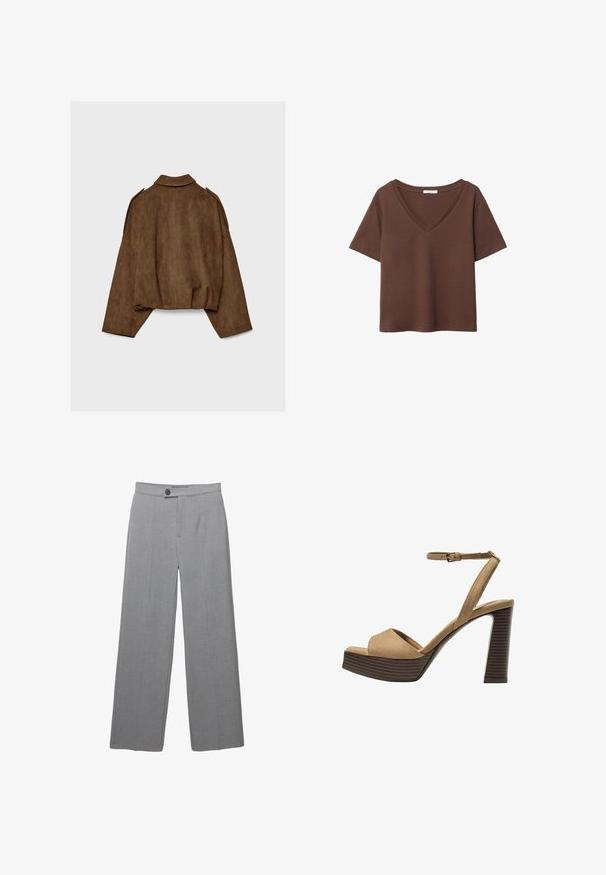 Braune Jacke aus Kunstwildleder mit Kragen, übergroßem Schnitt und abgefallenen Schultern. Der Rücken zeigt vertikale Nahtdetails und ein kurzes Design.; Braunes Baumwoll-T-Shirt mit kurzen Ärmeln und tiefem V-Ausschnitt. Einfaches Design, weiche Textur und gerade Saumlinie. Keine Muster oder Akzente.; Graue maßgeschneiderte Hosen mit weitem Bein, flacher Front und subtiler Textur. Mit einem einzigen Knopfverschluss und klaren Linien.; Beige Wildleder-Pumps mit hohem Absatz, breitem Vorderband und Knöchelriemen, ausgestattet mit einem klobigen Holzblockabsatz mit strukturiertem Finish.