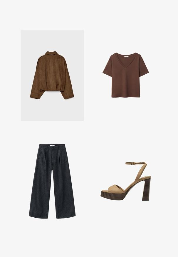 Ruskea tekonahkainen mokkatakki, jossa on kauluksellinen kaula-aukko, ylisuurikokoinen istuvuus ja laskostetut olkapäät. Takana pystysuoria saumadetaljeja ja lyhyt malli.; Ruskea puuvillapaita, jossa on lyhyet hihat ja syvä V-kaula-aukko. Yksinkertainen muotoilu, pehmeä rakenne ja suora helma. Ei kuvioita tai yksityiskohtia.; Tummansinisiä leveälahkeisia housuja, joissa on laskokset, korkea vyötärö ja klassinen leikkaus. Housuissa on siisti viimeistely lahkeissa ja vähäiset ompeluyksityiskohdat.; Beige-nahkareunaiset korkokengät, joissa on leveä etuolka ja ankle strap, varustettu paksulla puukengän korolla, jossa on tekstuuripinta.