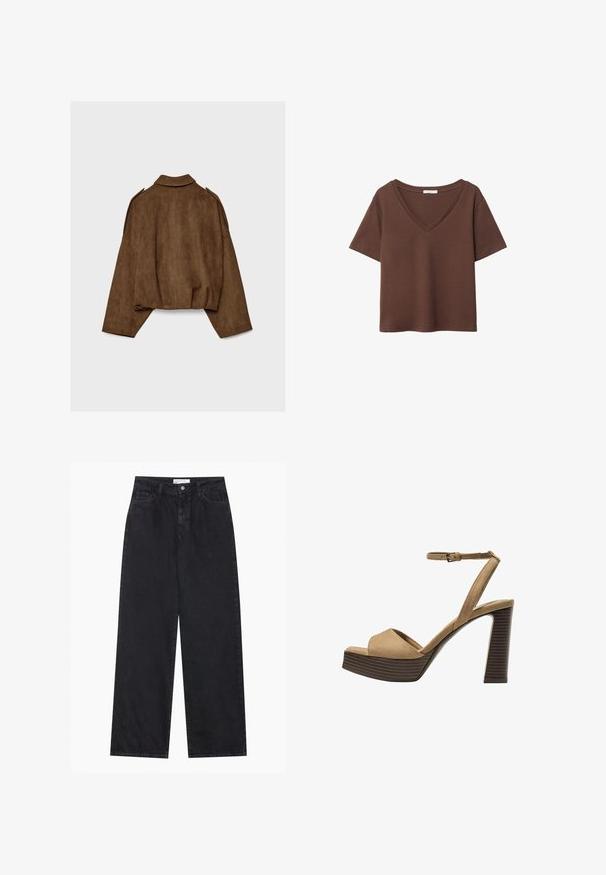 Ruskea tekonahkainen mokkatakki, jossa on kauluksellinen kaula-aukko, ylisuurikokoinen istuvuus ja laskostetut olkapäät. Takana pystysuoria saumadetaljeja ja lyhyt malli.; Ruskea puuvillapaita, jossa on lyhyet hihat ja syvä V-kaula-aukko. Yksinkertainen muotoilu, pehmeä rakenne ja suora helma. Ei kuvioita tai yksityiskohtia.; Mustat korkeavyötäröiset leveälahkeiset farkut, joissa on etunapit ja vetoketju, vyölenkit ja viisi taskua.; Beige-nahkareunaiset korkokengät, joissa on leveä etuolka ja ankle strap, varustettu paksulla puukengän korolla, jossa on tekstuuripinta.