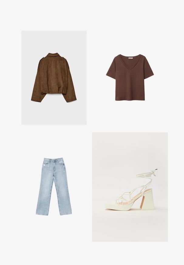 Giacca marrone in finto camoscio con collo a camicia, vestibilità oversize e spalle scese. La parte posteriore presenta cuciture verticali e un design corto.; T-shirt in cotone marrone con maniche corte e scollo a V profondo. Design semplice, texture morbida e orlo dritto. Senza fantasie o dettagli.; Jeans in denim azzurro chiaro con taglio a gamba larga, dettagli strappati, design a cinque tasche e chiusura con zip.; Sandalo bianco con tacco alto, caratterizzato da un design a cinturini e un legaccio alla caviglia. Texture liscia con una piattaforma frontale per un'altezza aggiuntiva.