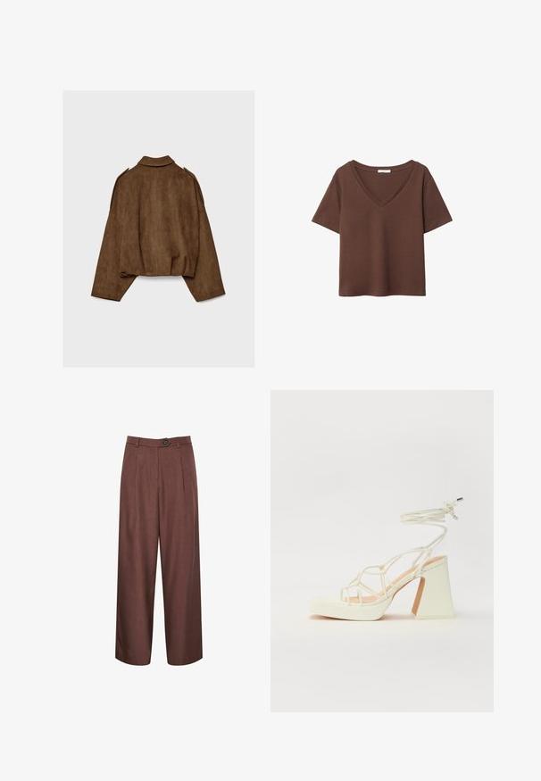 Hnědá bunda z umělé semiše s límcem, volným střihem a sníženými rameny. Na zádech jsou vertikální švy a zkrácený střih.; Hnědý bavlněný tričko s krátkými rukávy a hlubokým V-výstřihem. Jednoduchý design, měkká textura a rovný lem. Žádné vzory ani akcenty.; Hnědé kalhoty se širokými nohavicemi s módním střihem, které mají zapínání na knoflík, sklady a hladký, texturovaný materiál.; Bílé sandály na vysokém podpatku s robustním podpatkem, s designem s pásky a zavazováním kolem kotníku. Hladký povrch s platformou vpředu pro zvýšení výšky.