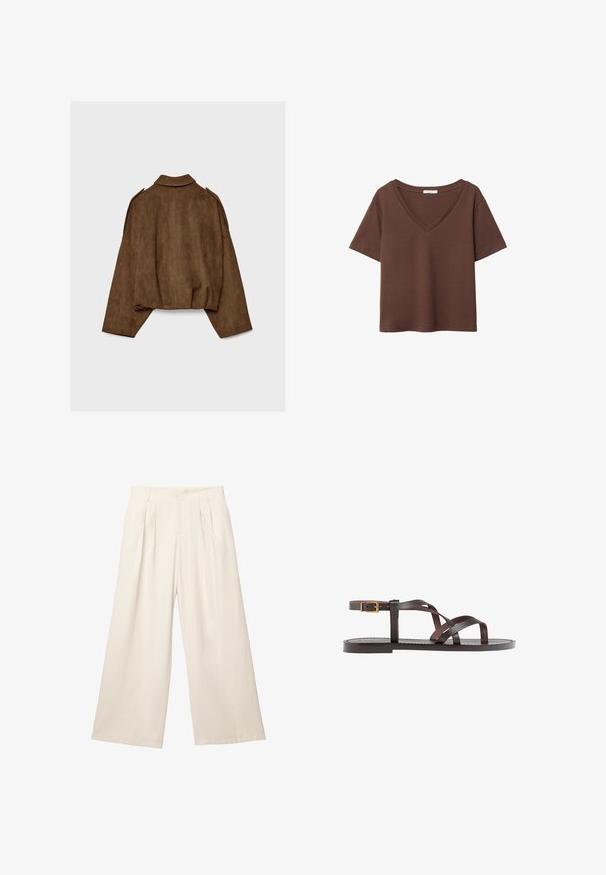 Braune Jacke aus Kunstwildleder mit Kragen, übergroßem Schnitt und abgefallenen Schultern. Der Rücken zeigt vertikale Nahtdetails und ein kurzes Design.; Braunes Baumwoll-T-Shirt mit kurzen Ärmeln und tiefem V-Ausschnitt. Einfaches Design, weiche Textur und gerade Saumlinie. Keine Muster oder Akzente.; Weite Hosen in einem hellbeigen Farbton aus einem weichen, strukturierten Stoff. Mit vorderen Falten und einem elastischen Bund für einen entspannten Sitz.; Braune Leder-Sandale mit überkreuzten Riemen, einem Knöchelriemen mit Schnalle und einer flachen Sohle mit minimalen Nähdetails.