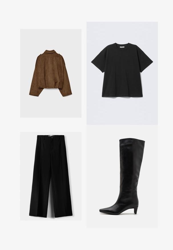 Giacca marrone in finto camoscio con collo a camicia, vestibilità oversize e spalle scese. La parte posteriore presenta cuciture verticali e un design corto.; T-shirt oversize nera in cotone, con scollo rotondo e maniche corte. Design semplice senza motivi o accenti.; Pantaloni neri a gamba larga realizzati in tessuto leggero, caratterizzati da una chiusura frontale con bottone e frontale piatto, con orli cuciti con precisione.; Stivali neri in pelle al ginocchio con punta affusolata e tacco basso ed elegante; texture liscia con un design semplice e raffinato.