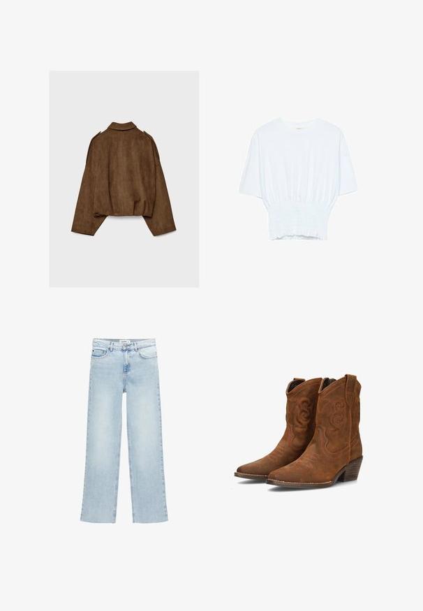 Braune Jacke aus Kunstwildleder mit Kragen, übergroßem Schnitt und abgefallenen Schultern. Der Rücken zeigt vertikale Nahtdetails und ein kurzes Design.; Weißes T-Shirt mit kurzen Ärmeln, lockerer Passform und gerafftem Stoff an der Taille. Aus weichem, leichtem Material gefertigt.; Helle blaue, weite Jeans aus Denim mit hoher Taille, fünf Taschen und einem Knopfverschluss. Verfügt über minimale Nahtdetails.; Braune Wildleder-Stiefel im Cowboy-Stil mit spitzen Zehen, dekorativer Stickerei und niedrigem, gestapeltem Absatz. Verfügt über filigrane, geprägte Muster entlang des Schafts.