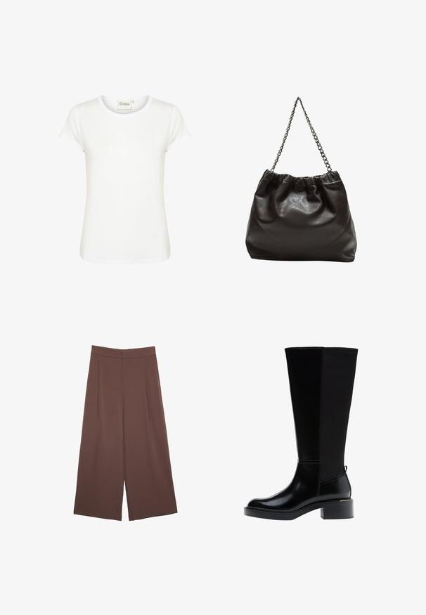 Brun jakke i imiteret ruskind med krave, oversized pasform og sænkede skuldre. Bagsiden har lodrette sømdetaljer og et cropped design.; Hvid kortærmet t-shirt med rund halsudskæring, lavet af blødt bomuldsstof. Har en glat tekstur og minimalistisk design.; Brune bredbunde bukser med en glat tekstur, der har høj talje og plisseringer foran. Stoffet er let og falder løst.; Sort knæhøj støvle med glat læderfinish, tydelig syning, en klodset hæl og en struktureret bagpanel for ekstra interesse.; Brun lædertaske med en rynket top og en kædestrop. Glat tekstur med en blank finish og subtile sømdetaljer på siderne.