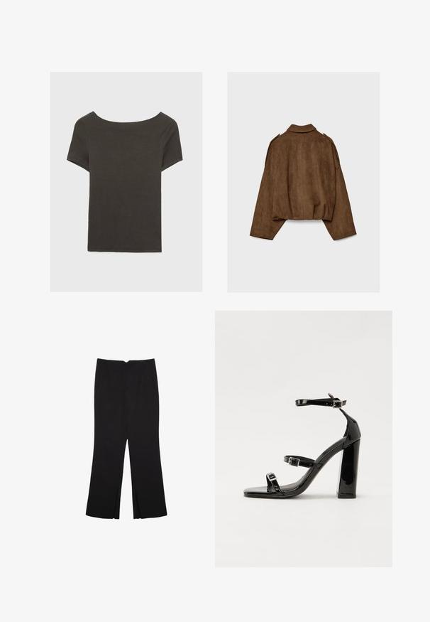 Brun jakke i imiteret ruskind med krave, oversized pasform og sænkede skuldre. Bagsiden har lodrette sømdetaljer og et cropped design.; Mørkegrå kortærmet top med bådudskæring. Lavet af ribbet stof, med en afslappet pasform og en ren kant. Enkelt design, ingen mønstre.; Sorte bukser med lige pasform, der har frontlommer og slidser i kanten. Lavet af blødt, glat stof. Velegnet til forskellige anledninger.; Sorte patenterede hælsandaler med firkantet tå, ankelremme og sølvspænder. Har en chunky blokHæl for stabilitet.